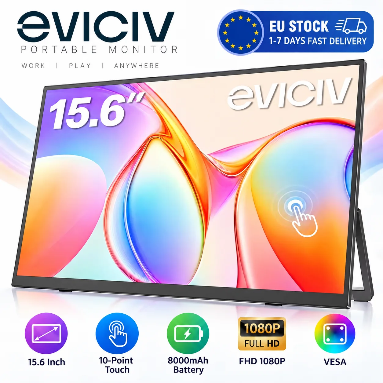 EVICIV Monitor Portatile Touch da 15,6 Pollici, Schermo Touch a 10 Punti, Batteria da 8000mAh, FHD 1080P IPS, 100% SRGB, USB-C, Mini HDMI, VESA, Secondo Schermo per Laptop e PC
