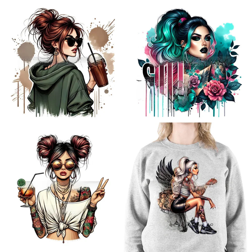 Cool sarcasme Edgy tatouage Idgaf fille café glacé rebelle femmes fer sur DTF transferts autocollants prêt à presser pour les sacs de vêtements
