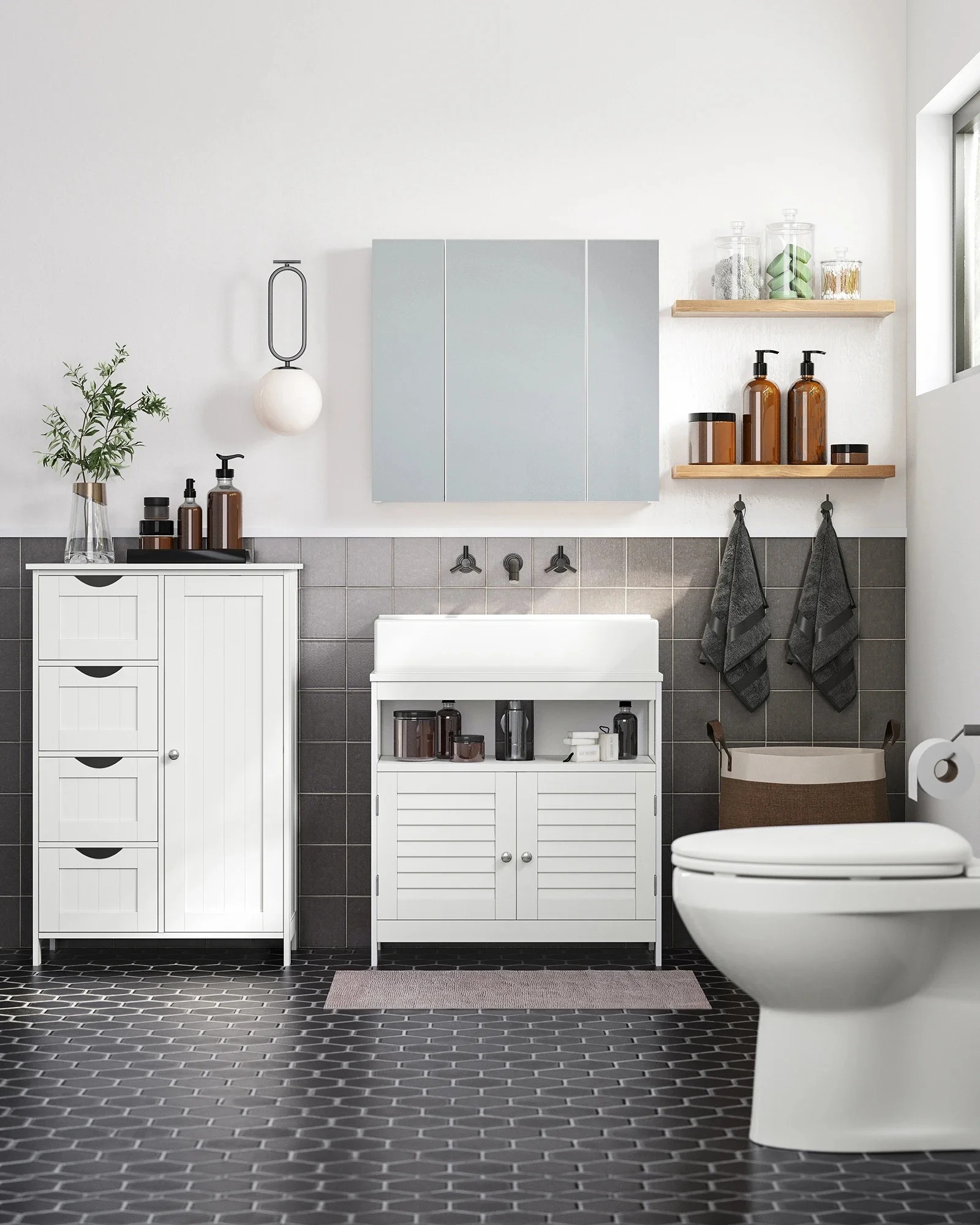 VASAGLE Badezimmerschrank, schmaler Badschrank, Beistellschrank, Kommode, mit 4 Schubladen, Schranktür, verstellbare Ablage