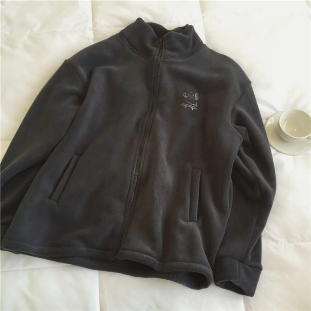 Lässige, einfarbige Damen-Winterjacken mit Stickerei, locker geschnitten, lange Ärmel, aus Polar-Fleece, bequeme, mit Fleece gefütterte, wärmende Kleidung. – Detail 8