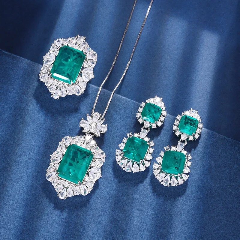 

Imitation Green Emerald Gemstone Pendant Necklace Stud Earrings Adjustable Ring Women Zircon Jewelry Set