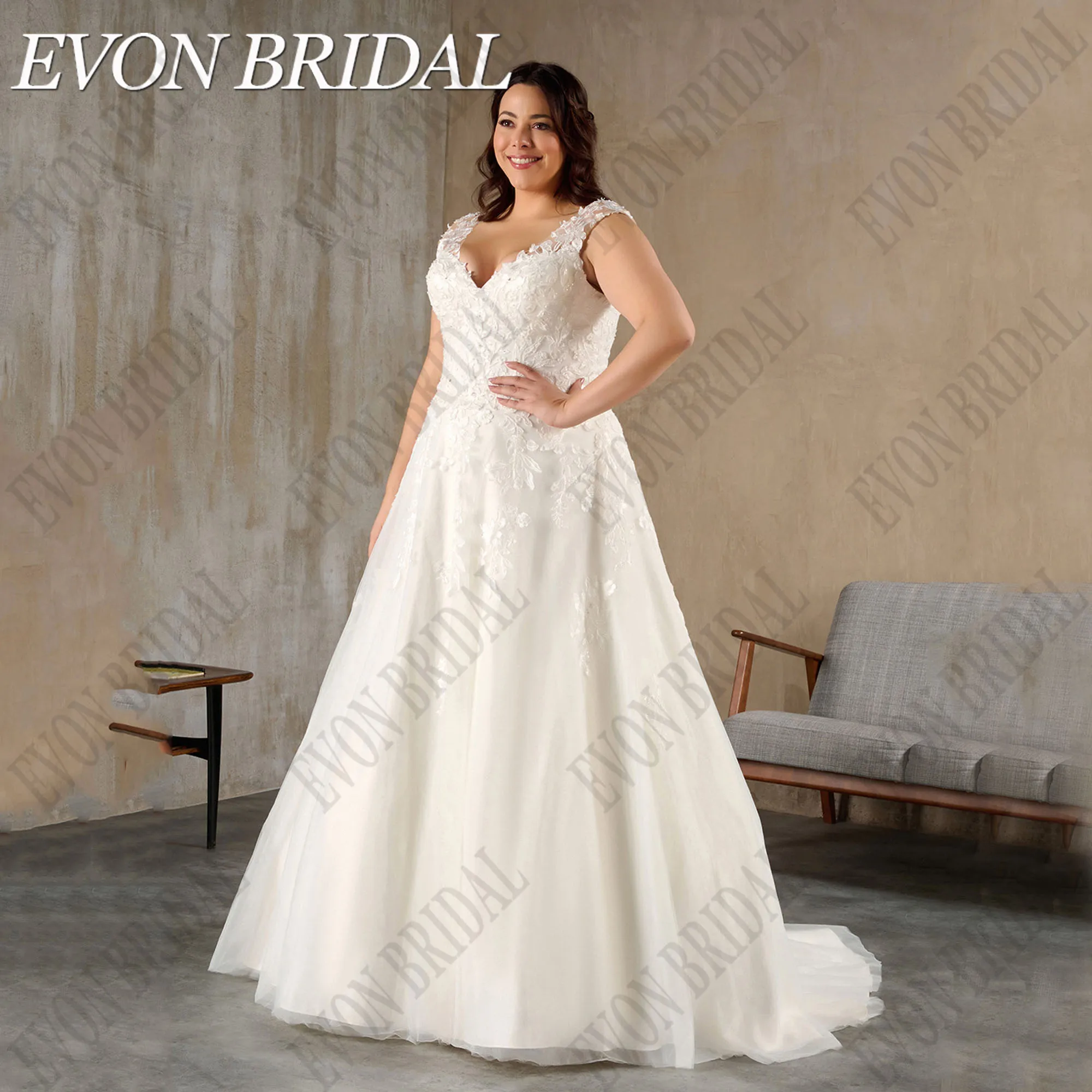 

EVON BRIDAL Customized Plus Size Wedding Dress Women Cap Sleeves V-Neck Applique Corset Lace Bride Gowns Boho Vestidos De Novia