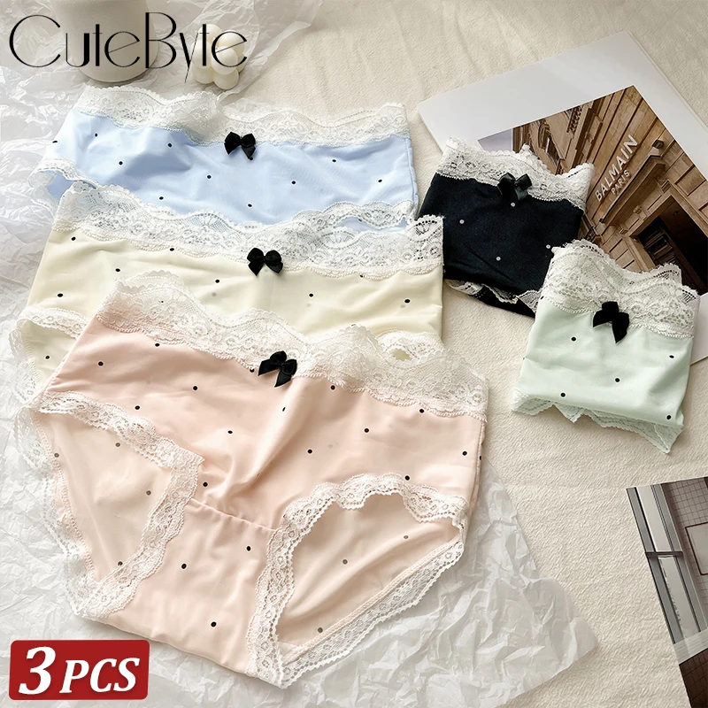3PCS/SET New Comfortable Lace Panties Madam Thin Sexy Women's Ice Silk Briefs Polka Dots Breathable Pants Underwear Female M-XL