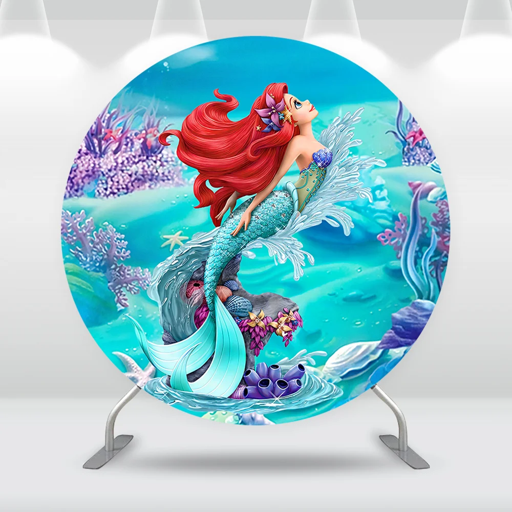 Penutup Latar Belakang Bulat Pesta Ulang Tahun Putri Duyung Disney Penutup Silinder Timbangan Latar Belakang Lingkaran Anak Perempuan Putri Ariel Bawah Laut