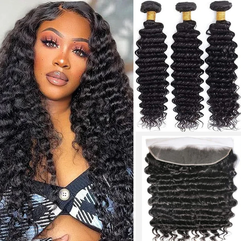 Pacotes de Cabelo Humano Virgem Brasileiro, Onda Profunda, 100% Não Transformados, 13x4 Lace Frontal, Orelha a Orelha, 3 Pacotes