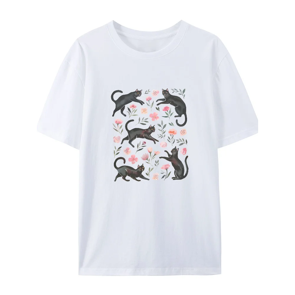 女性のクルーネック半袖 Tシャツ黒猫と花のグラフィック Tシャツ夏カジュアルストリートルーズ服ユニセックストップス