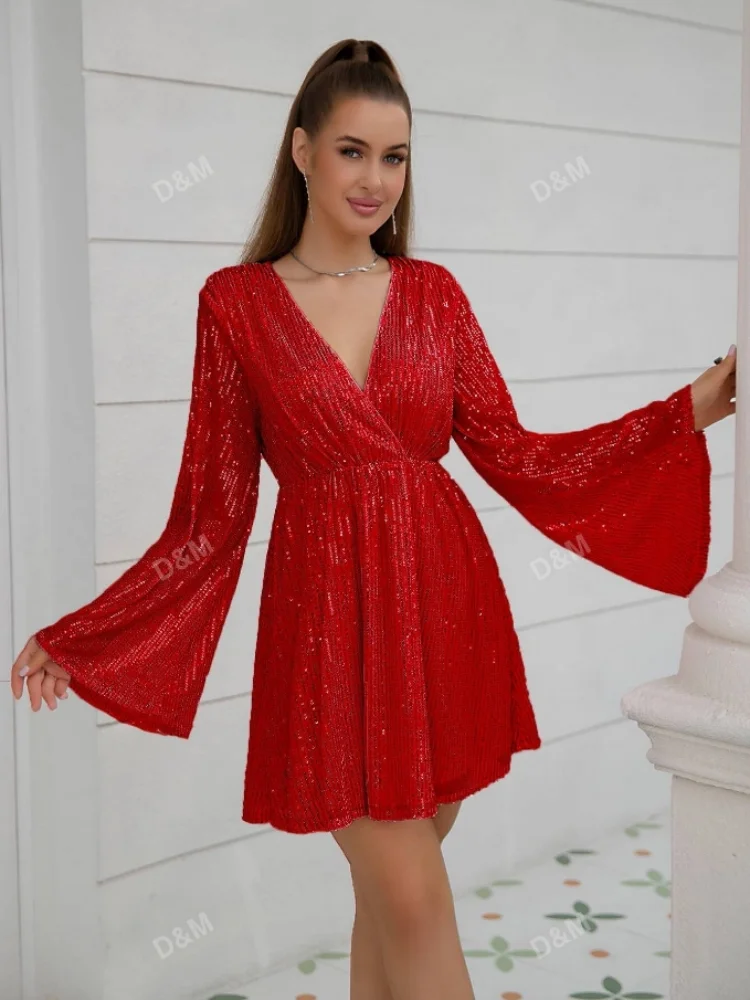 D & M-Robes à paillettes rouges pour femmes, col en V, manches longues trompent, mini batterie avec paillettes, robe de soirée sexy, couleur unie