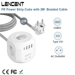 LENCENT FR Power Strip Cube with 4 AC Outlet 3 USB Port 1 Type C 2M Braided Cabe Multi Socket Power Adapter with Switch for Home