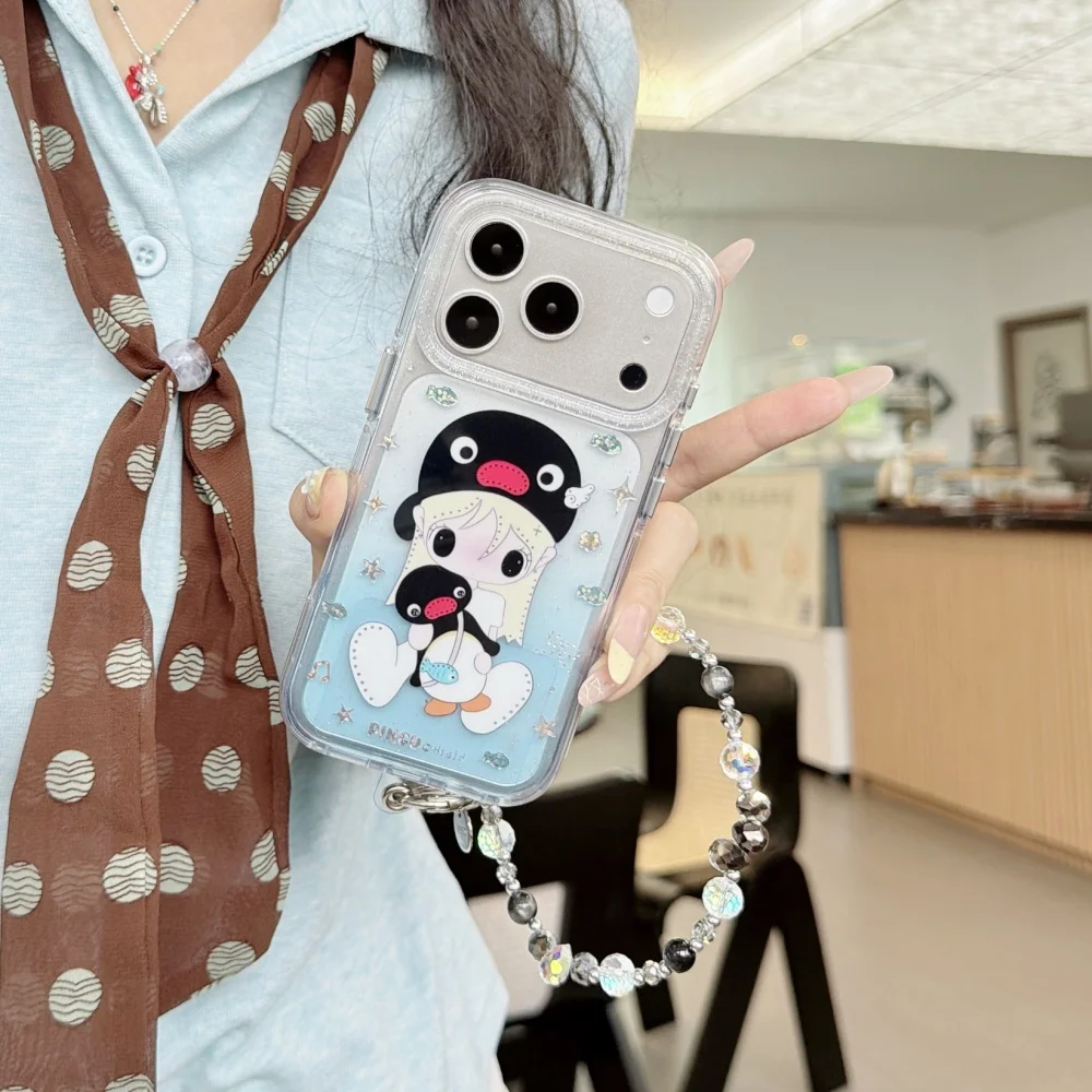 Cute Cartoon Penguin Girly Glitter Phone Case for iPhone 17 Pro 14 15 16 17 Pro Max 15 Pro 13 Kawaii Shockproof Protective Cover