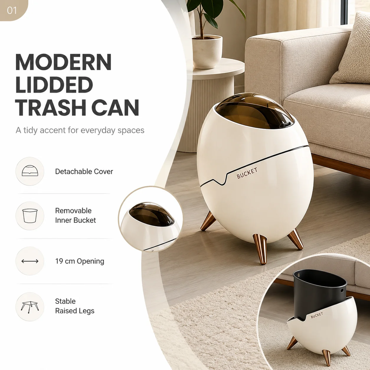 1 Pack Egg Shaped Swing Lid Trash Can with Removable Inner Bucket & Smoky Odor-proof Cover, Luxury Golden Metal Tripod Legs Compact Decorative Mini Waste Bin for Bedroom Bathroom Living Room Nightstand Side Table Household Garbage Storage