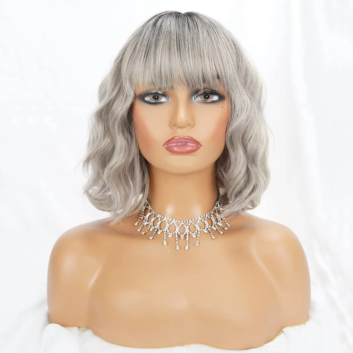 Short Wavy Bob Wig with Bangs Grey Wigs Natural Ombre Silver Wig Synthetic Hair Shoulder Length Short Curly Wigs for Women