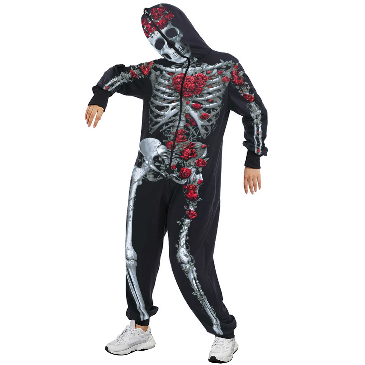 3D Digital Printed Skeleton Pajamas for Men and Women, Zipper Sweatshirt, Mesh, Red Rose, Velvet, Halloween, 1 Pc