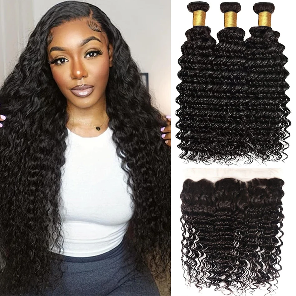 Deep Wave Human Hair Bundles with Frontal Brazilian Virgin Human Hair Extensions 3 Bundles With 13x4 Transparent Lace Frontal 1B