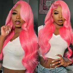 Peruca dianteira brasileira do laço da onda do corpo para mulheres, cabelo humano rosa, peruca frontal do laço 13x4 HD, 13x6 colorido