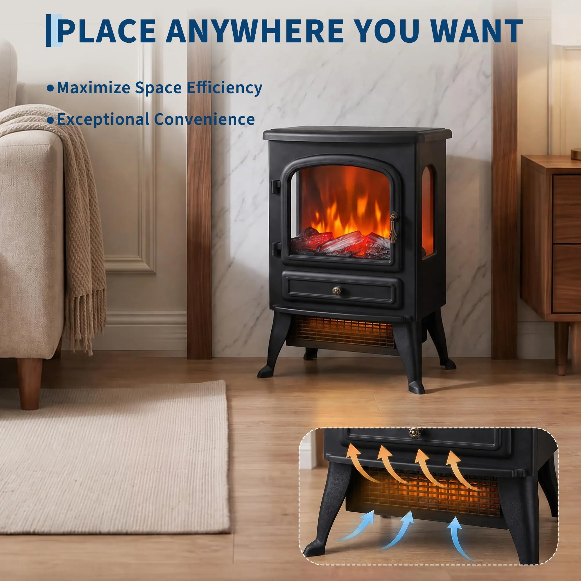Decorative Freestanding Electric Fireplace Stove, 3D Simulated Flame, Dual Heat 750W/1500W, No Assembly Required, Electric Fireplace Heater for Home Decor