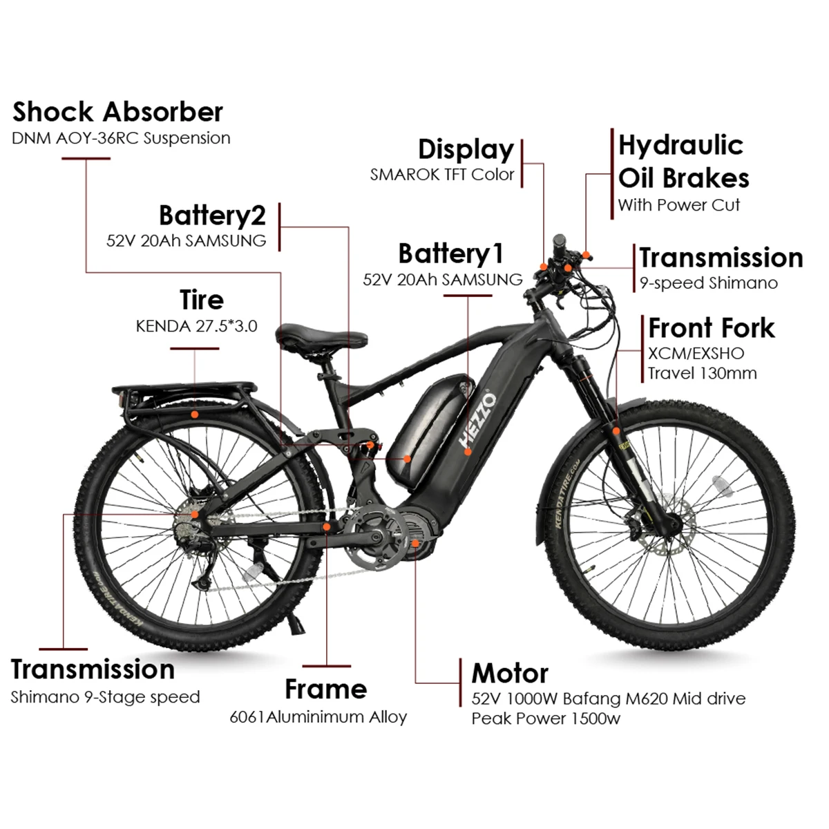 HEZZO 52V 1000w Electric Bicycle BAFANG M620 Mid Drive Ebike 27.5Inch 40Ah SAMSUNG Mountain Ebike 9 Speed 150km Range Emtb