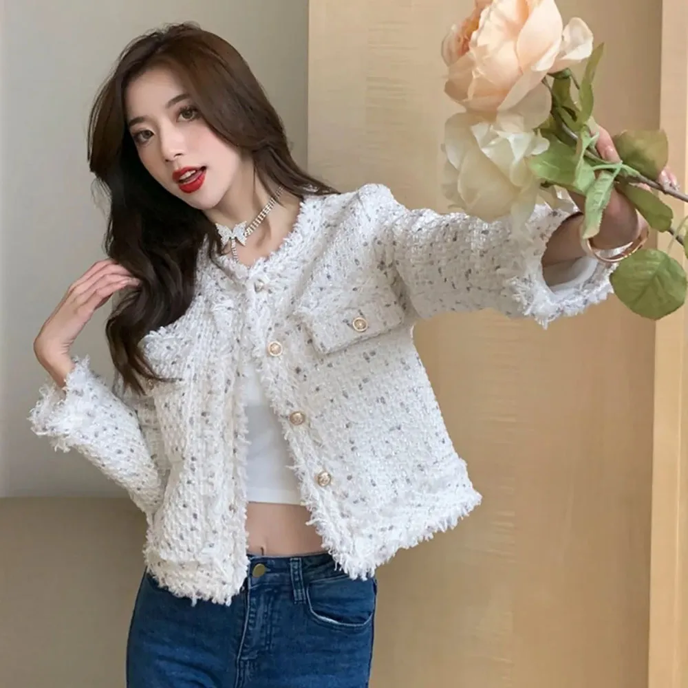 Korean Tassels O-Neck Polka Dot Jacket For Ladies Temperament Sweet Tweed Coat Women Single Breasted Fashion Short Tops Female