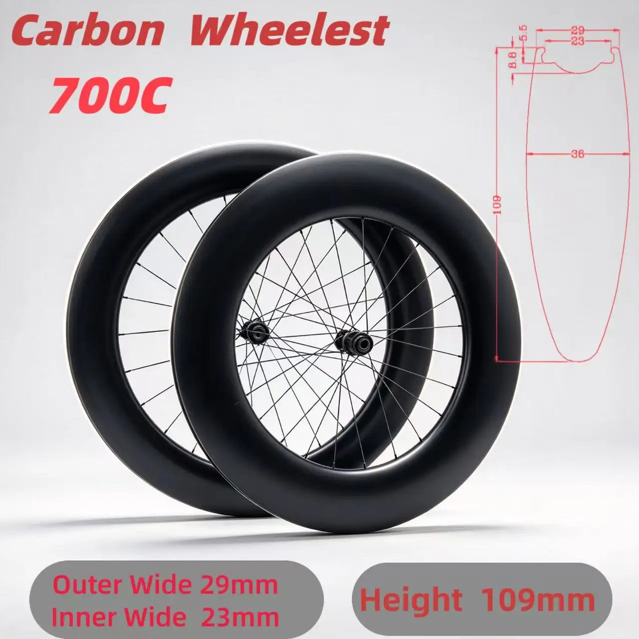 700C Road Bike Carbon Wheelset 109mm Rim Depth 29mm Outer Width Tubeless Ready Lightweight High Stiffness for Time Trial TT