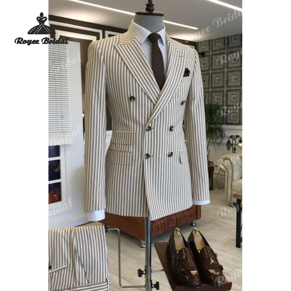 Pinstripe Khaki Two Piece Double Breasted Men's Suit Wedding 2026 Notch Lapel Evening Suit Customized trajes para hombre