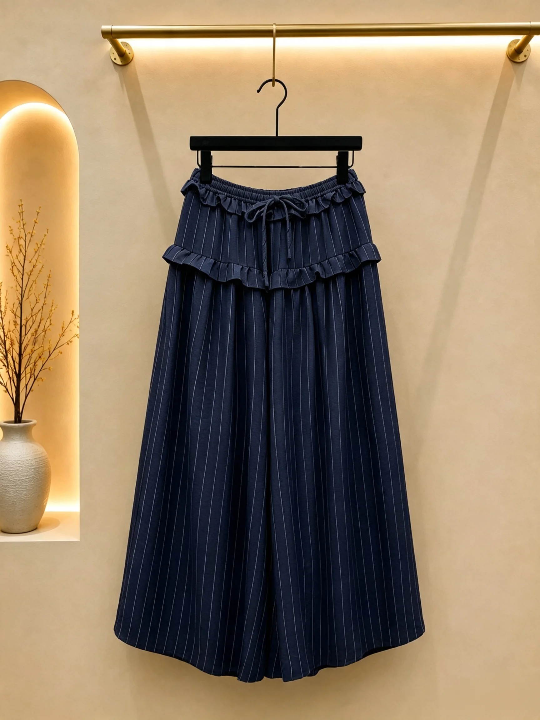 2026 Women Wide Leg Pants Skirt‑Style Anti‑Chafing Design Vertical Stripe Cotton‑Linen Blend Textured Fabric Elastic Drawstri