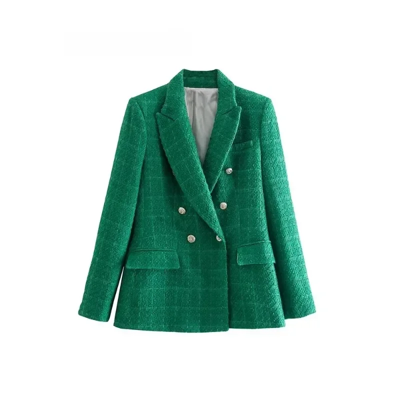 Blazer à Carreaux en Tweed à Double Boutonnage pour Femme, Manteau Vintage à Manches sulf, Poches, Veste Chic, Nouvelle Collection Automne