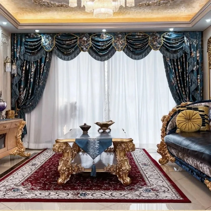 European Embroidered Baroque Blue Valance Luxury Curtains for Living Room Bedroom Tulle Villa Custom Window Decor Blackout Door