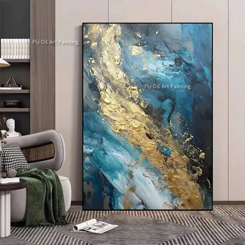 100% Hand Painted Abstract Gold Foil Oil Painting 3D Heavy Texture Canvas Wall Art Luxury Neutral Pictures for Living Room Decor