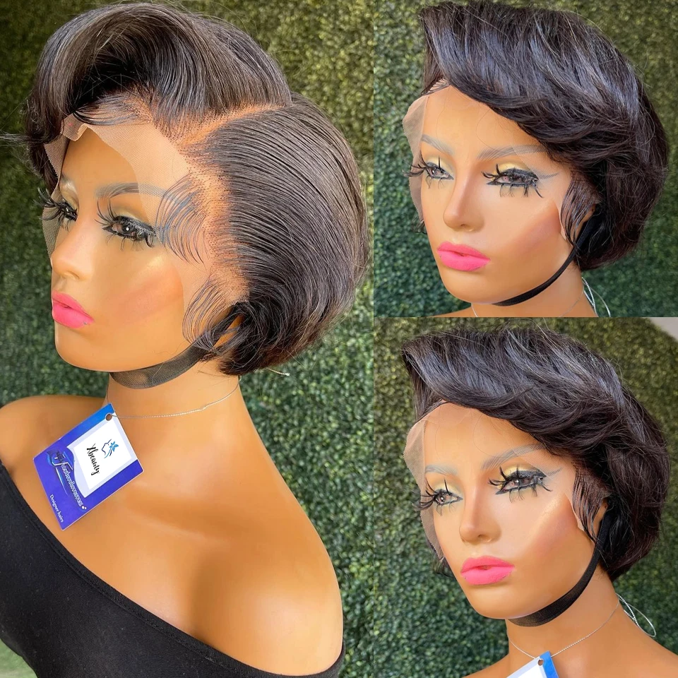 Brazilian Human Hair Pixie Cut Wig Human Hair Wigs Straight Transparent T Part Lace Short Bob Wig 13x4 Lace Wig For Salon