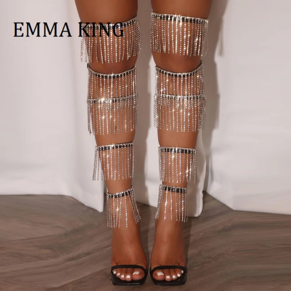 

2022 Summer Women Crystal Fringe Sandals Sexy Square Toe High Heels Rhinestone Gladiator Boots Wedding Party Sandalias De Mujer