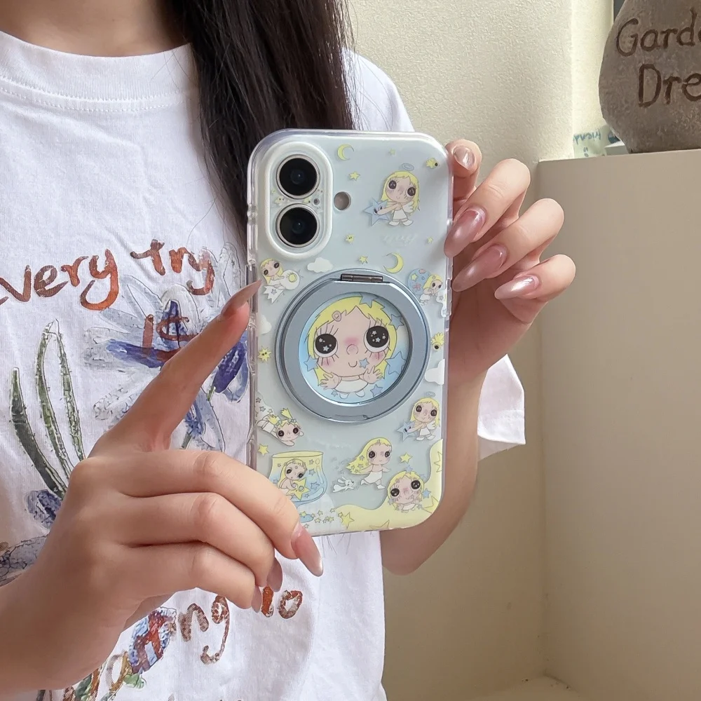 Kawaii Cartoon Girl Yuyu Star and Moon Print Blue Phone Case for iPhone 17 15 Pro Max 16Max 17 16 15 Pro Anti-Scratch Back Cover