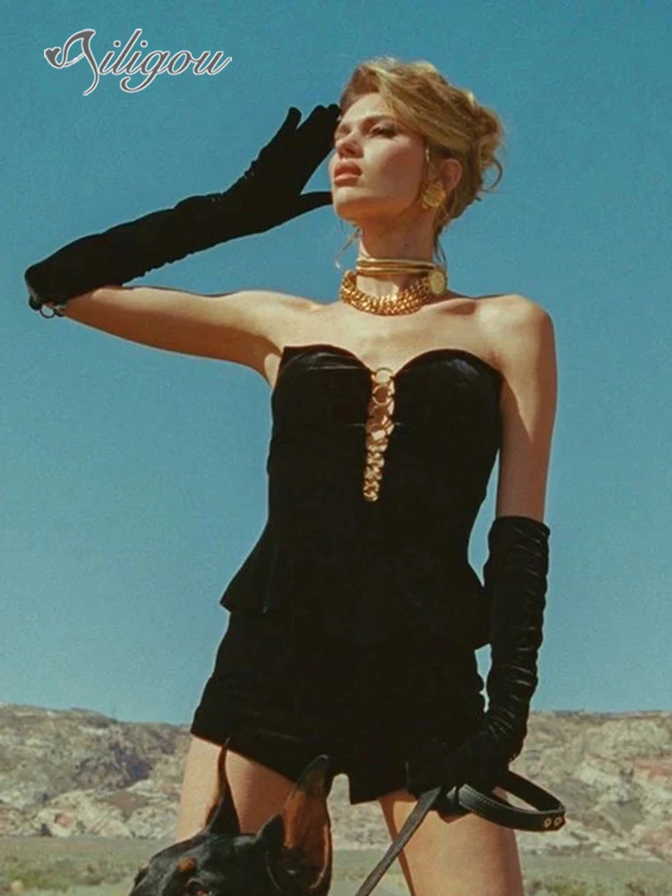 

Ailigou 2023 New Women's V-neck Short Set 2-piece Gloved Evening Dress Black Velvet Women's Clothing Metal Ring Decoration