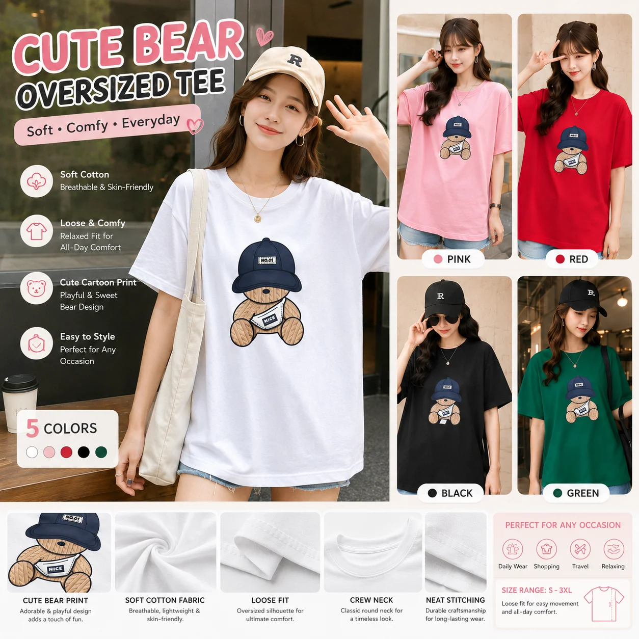 Women Cute Bear Oversized T Shirt 100% Cotton Loose Fit Crew Neck Casual Summer Graphic Tee Soft Comfortable Top