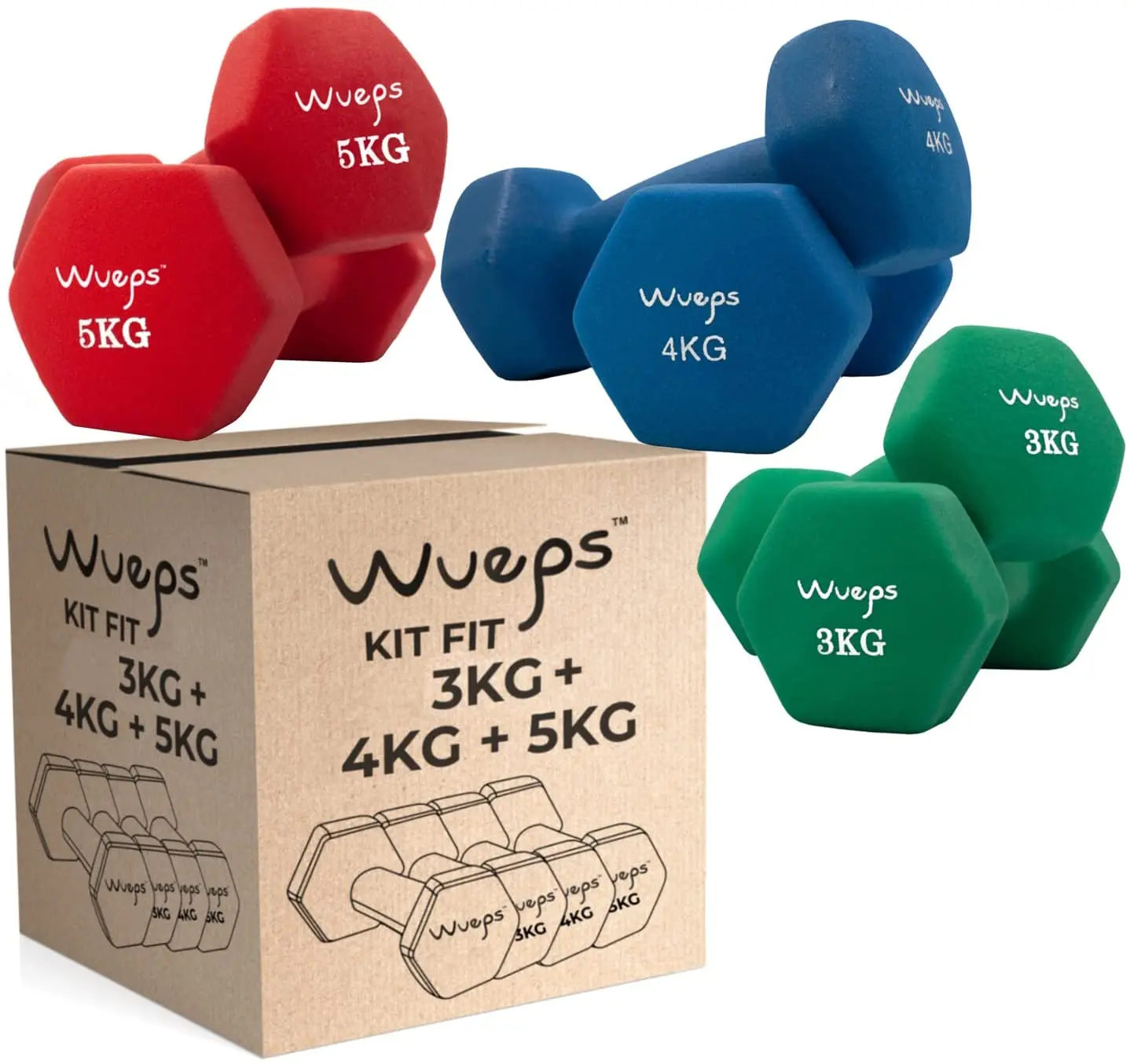 Wueps, Dumbbell Kit, Non-Slip Neoprene Weights, 3Kg., 4Kg., 5Kg., Fitness, Pilates, Yoga, Crossfit, Rehabilitation, Exercise, Home Gym