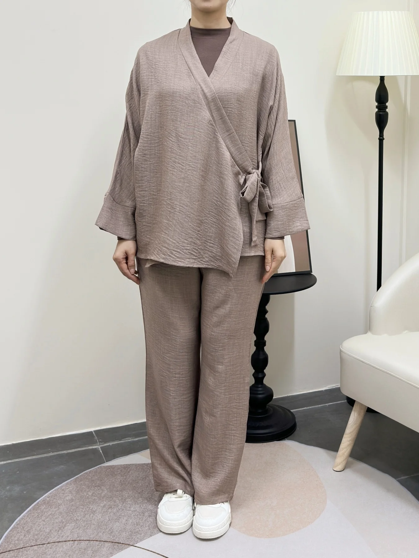 Fumidar Kimono Top and Pants Set Loose Casual Outfit with Tie Closure Wide Leg Trousers Pajama StyleFor Women