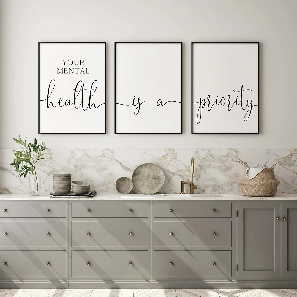 Wall Art Poster Mental Health Is A Priority Minimalist Art Prints Paintings Positive Phrases Words Black White Quote Home Decor