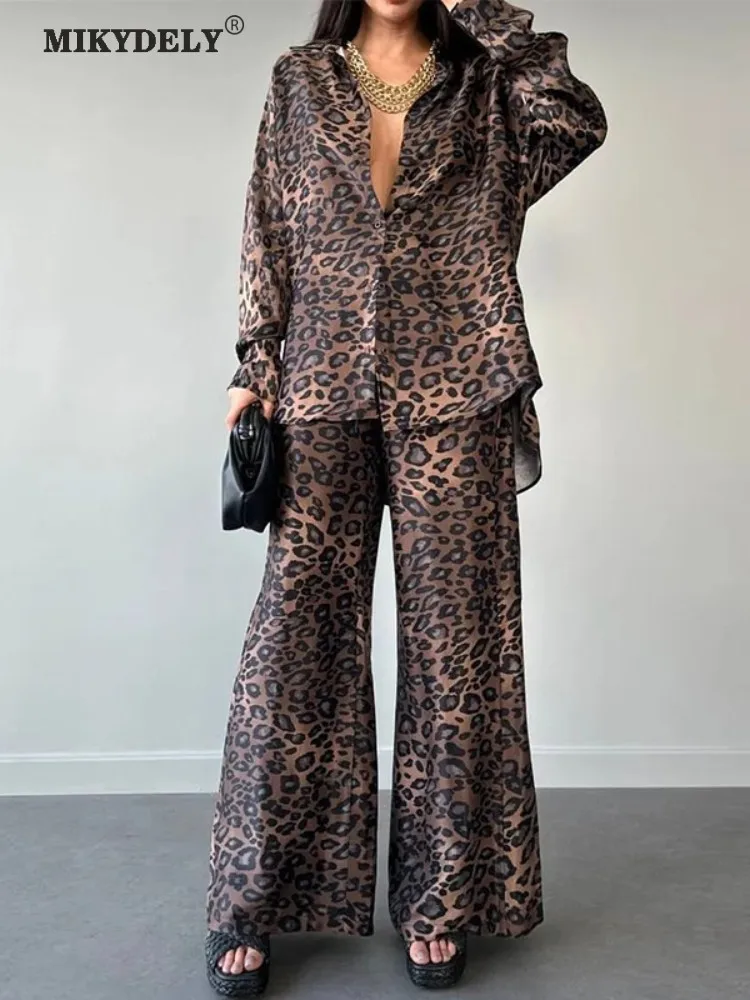 

Mikydely Autumn New Minority Leopard Print Long-sleeved Shirt Wide-leg Trousers Casual Suit