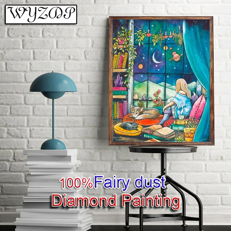 WYZDP 100% Fairy Dust Diamond Painting Kit Cartoon Girl Square Diamond embroidery Wall Art Stitch Diamond Art Full Crystal Decor