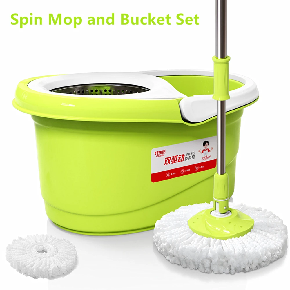 Mop and Bucket with Wringer Set, Stainless Steel  Extended Handle Spinning Mop Bucket System for Household Floor Cleaning