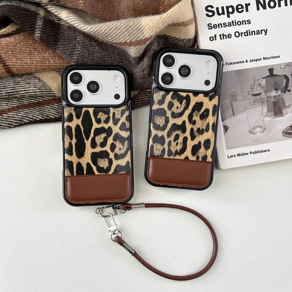 

Fashion leopard print stitching leather phone case for iPhone 17 16ProMax14 15 Pro fundas popular new shockproof protective case