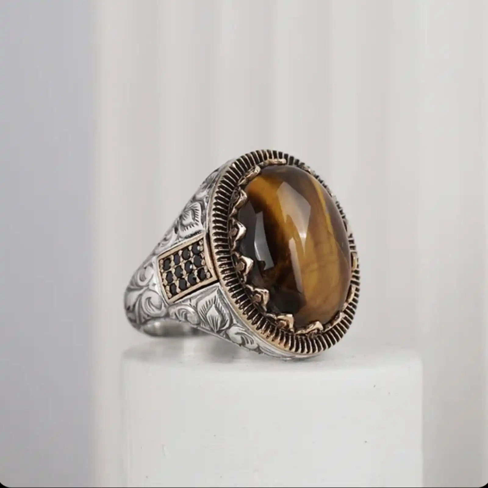 Unique Handcrafted Men's Tiger's Eye Stone Ring - Adjustable Size 925 Sterling Silver - Handmade Unique Jewelry