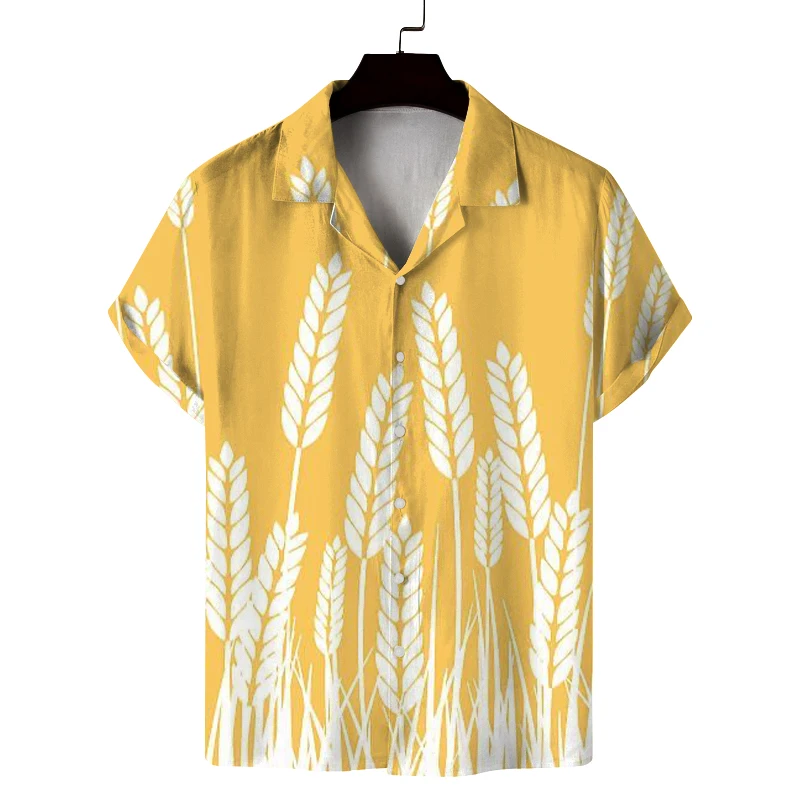 

Men's summer Cuban collar short-sleeved shirt with wheat ear print men's shirt comfortable, breathable and versatile