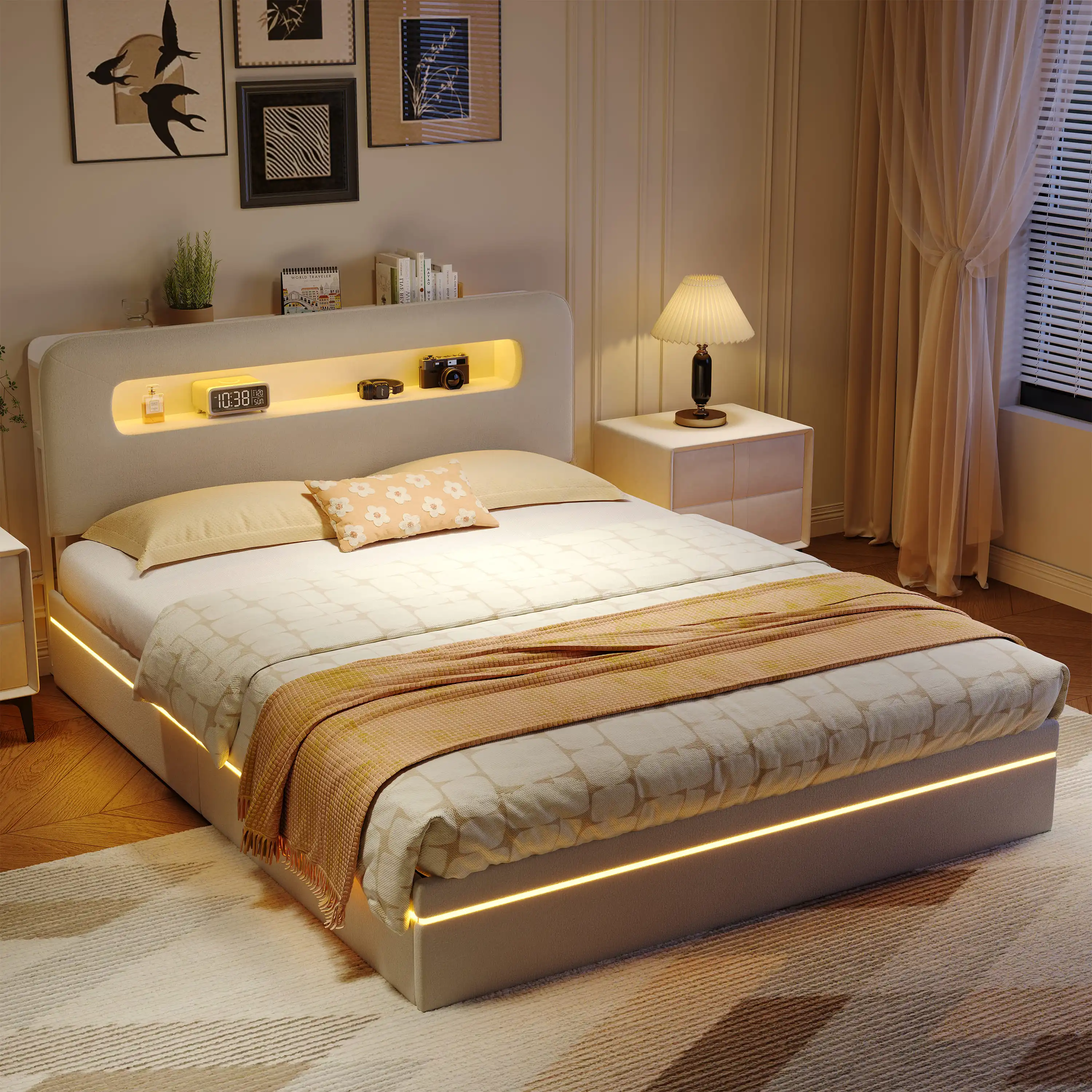 140X200 cm Dubbel gestoffeerd bed, bed met boxspring en bedframe, gestoffeerd bed met opbergruimte en LED-verlichting, veilige bedden
