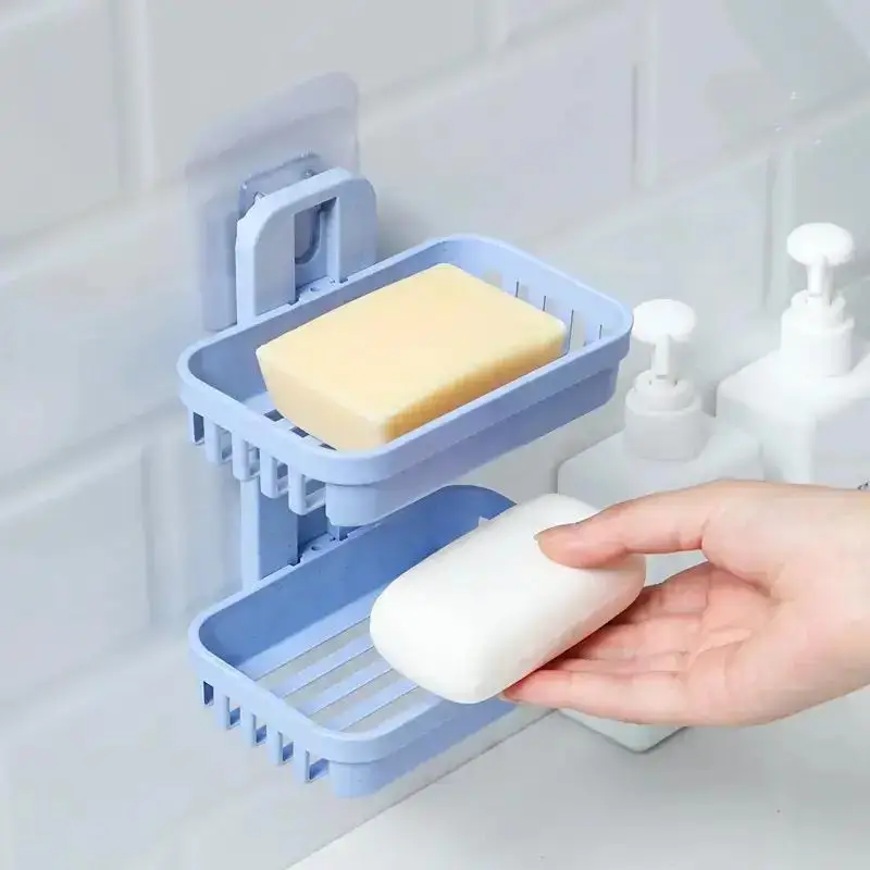 2 conjuntos de caixas de sabonete de dupla camada de armazenamento multifuncional em cores bege e rosa, destacáveis e drenantes, adequadas para sabonete