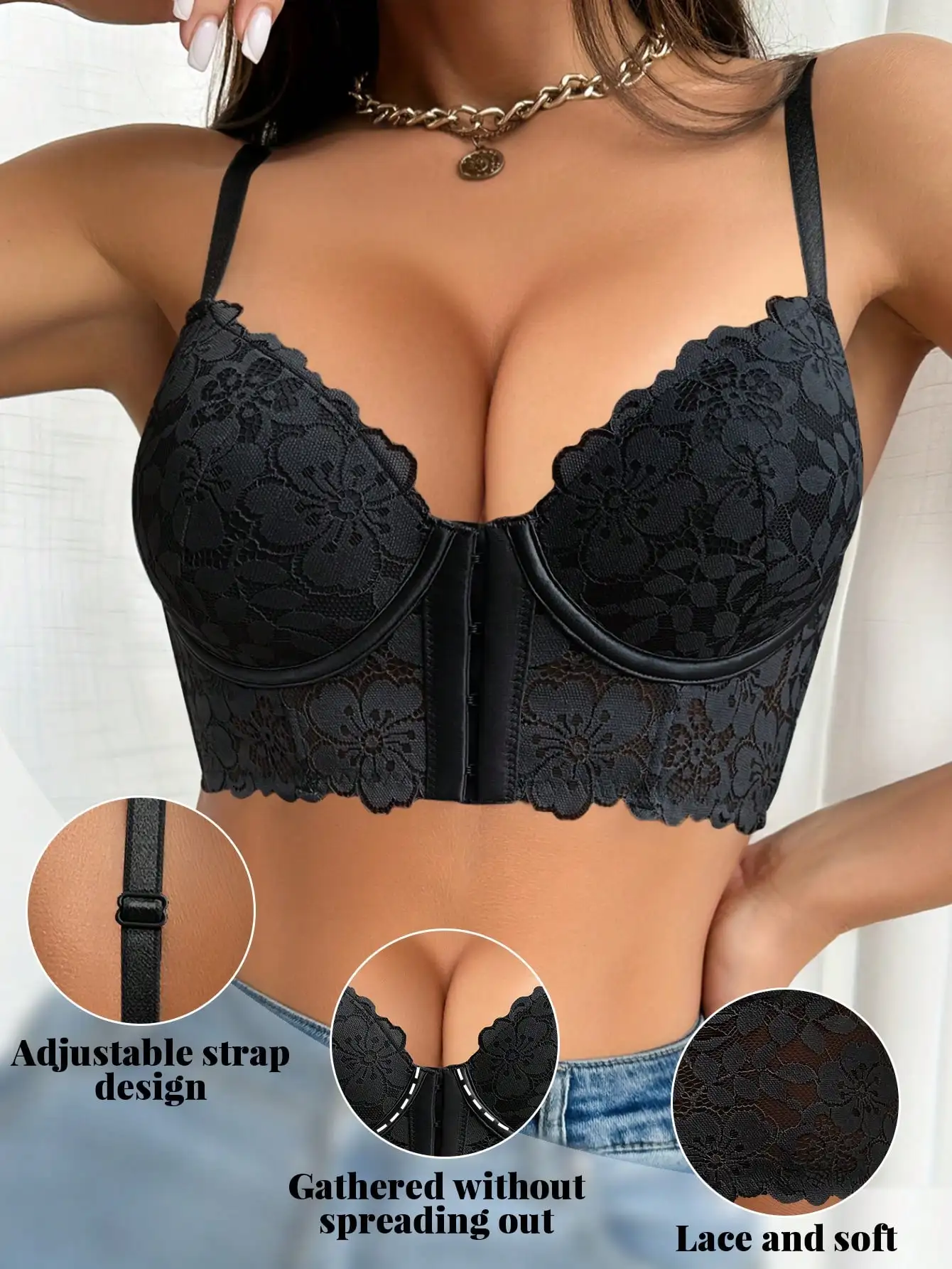 Women's Floral Lace Front Button Bra Underwire Push-Up Support Anti-Sagging Comfort Bra