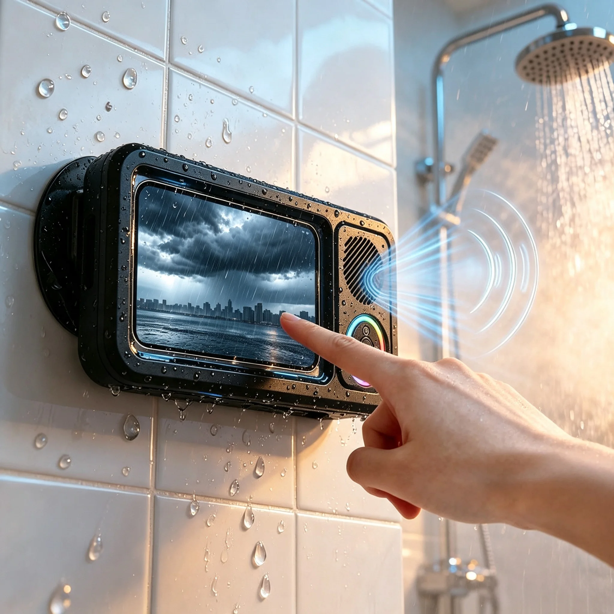 Shower Phone Holder Wireless Bluetooth Speaker Waterproof 5 Keys, IP65 Waterproof Touch Screen,Fits Phones up to 7