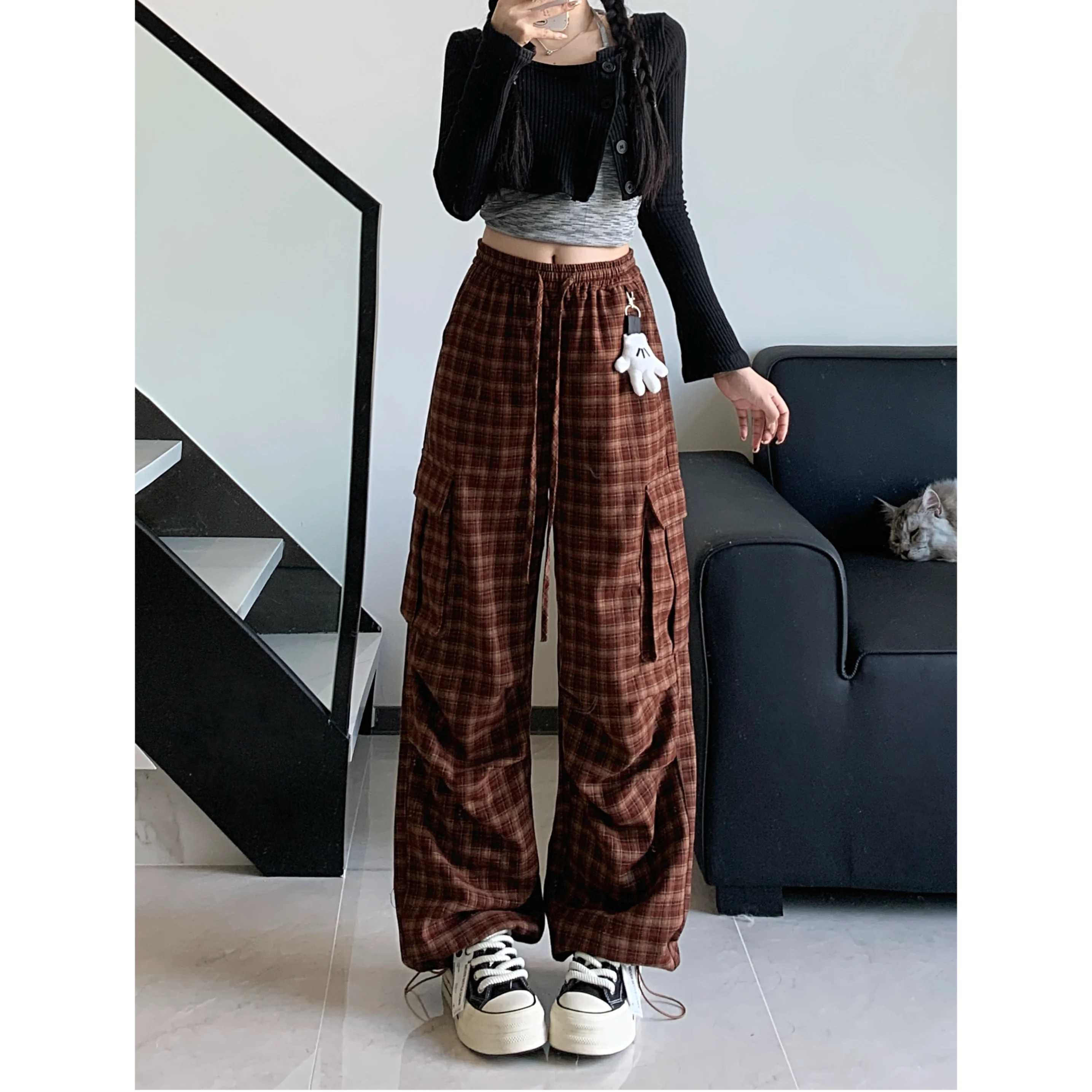 

Женские красные клетчатые рабочие брюки Angus Y2k, корейские свободные плиссированные брюки с несколькими карманами, широкие прямые повседневные брюки, модные