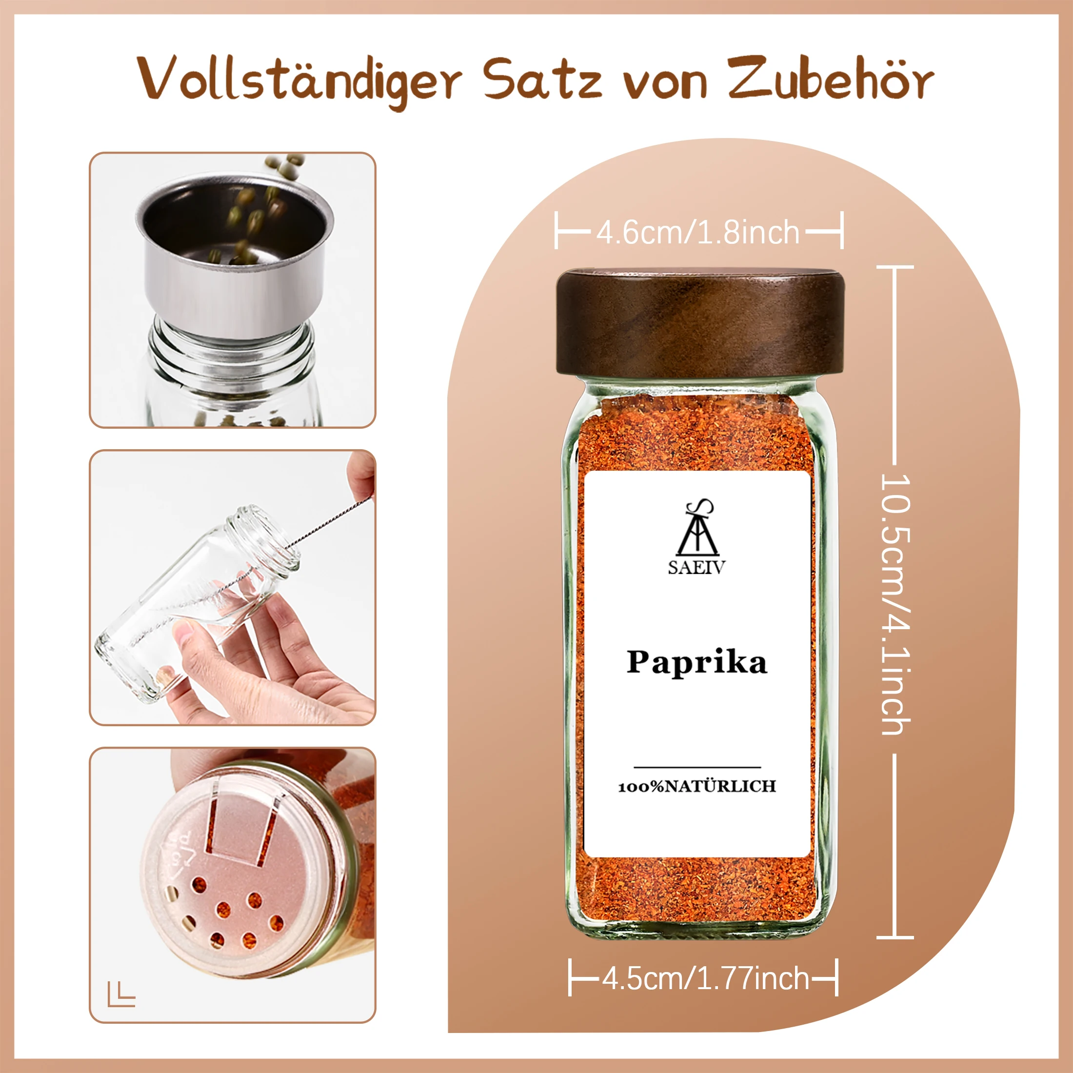 Set mit 12 oder 24 Glas-Gewürzgläsern inklusive Holzregal, luftdichte, quadratische Gewürzgläser mit Holzdeckeln, Küchenregal – Detail 1