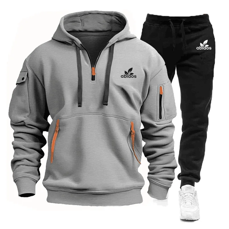 2024 Spring/Summer New Men\'s Sportswear Multi Pocket Zipper Hoodie+Sports Pants Two Piece Jogging and Fitness Set