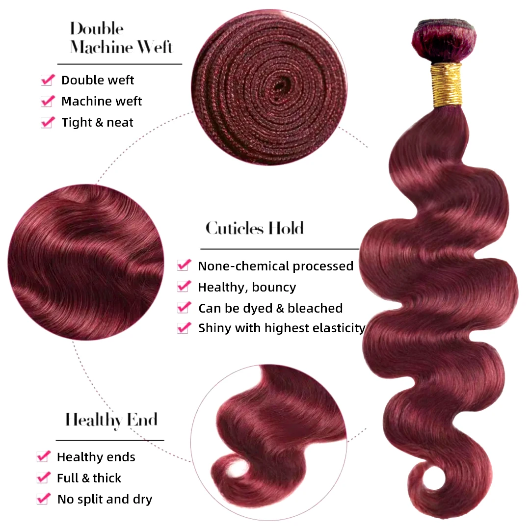 99J Burgundy Human Hair 3 Bundles with 13×4 Lace Frontal Body Wave 99J Burgundy Pre Plucked 4 Bundle with Frontal with Baby Hair