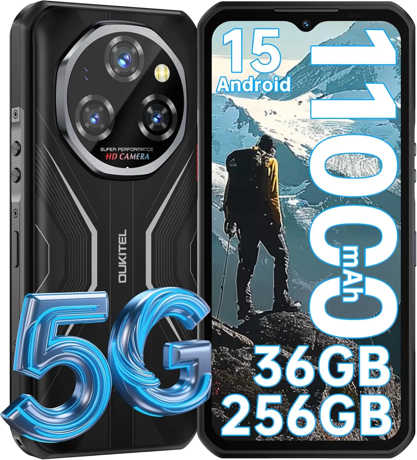 OUKITEL WP55 5G Rugged Smartphone - 36GB+256GB/2TB Android 15 Rugged Phone, 11000mAh Battery,6.6" FHD+ 120hz Phone,108MP Main Ca